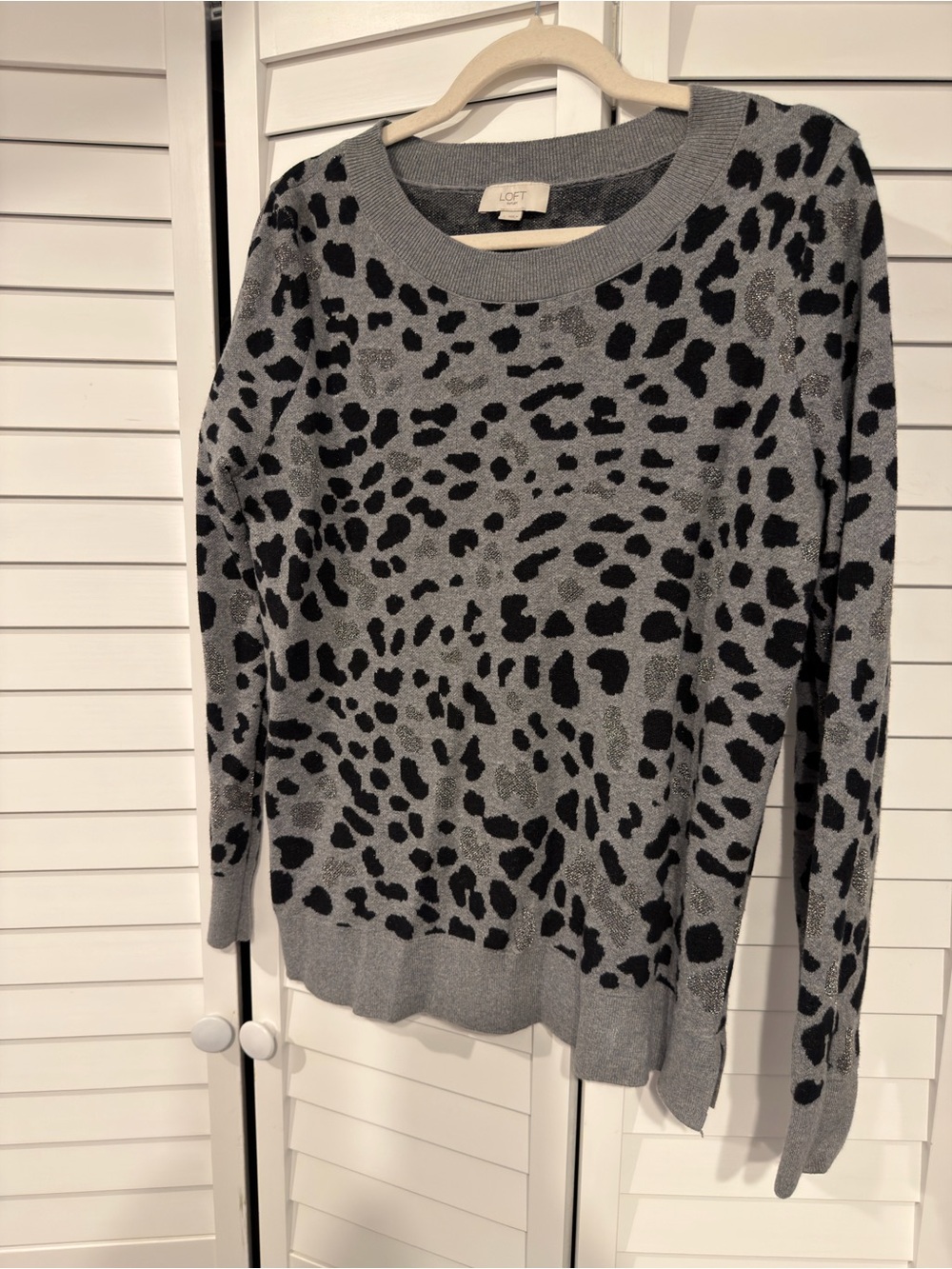 LOFT Gray and Black Leopard-Print Scoopneck Sweater